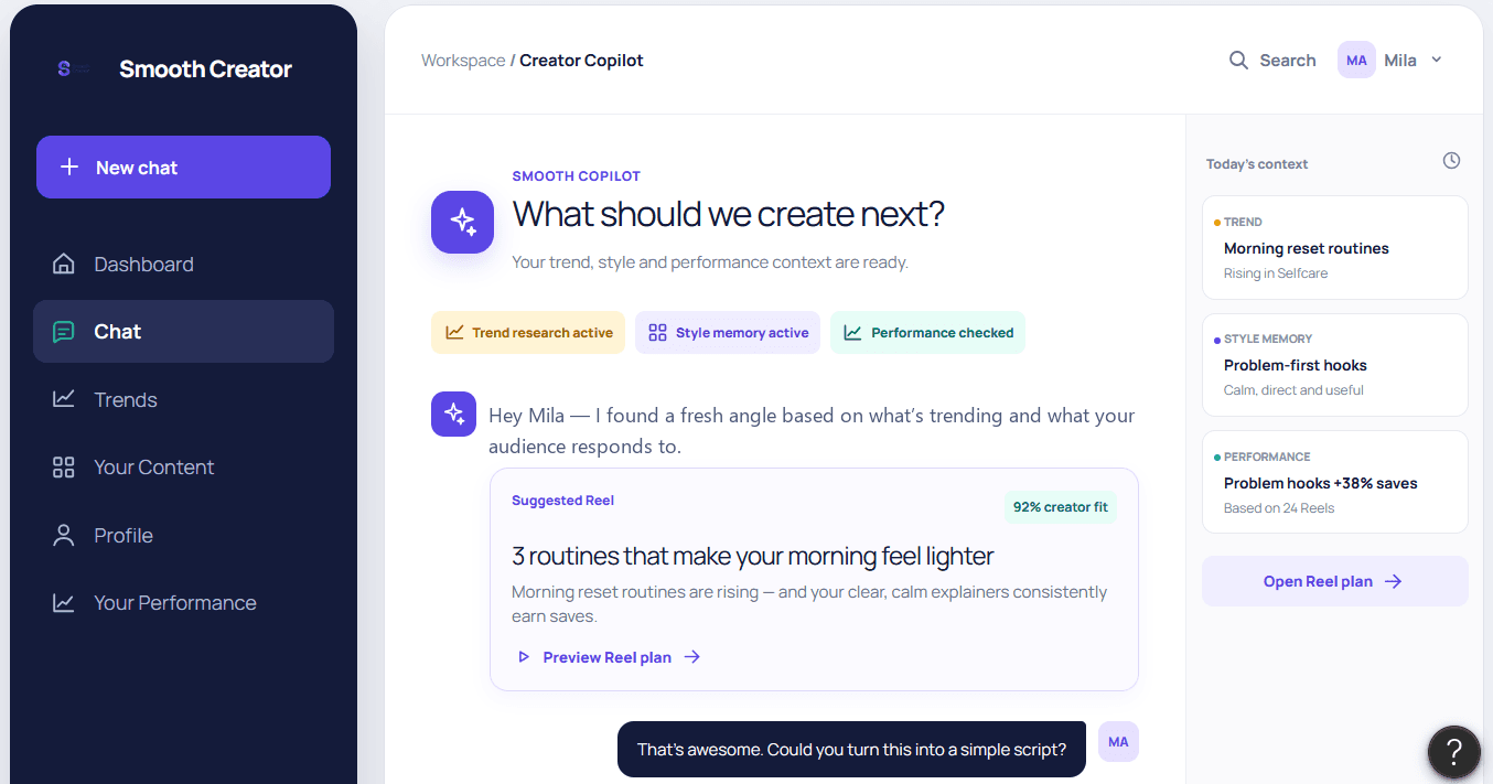 Smooth Creator copilot product mockup showing a creator chat workspace and reel plan suggestion